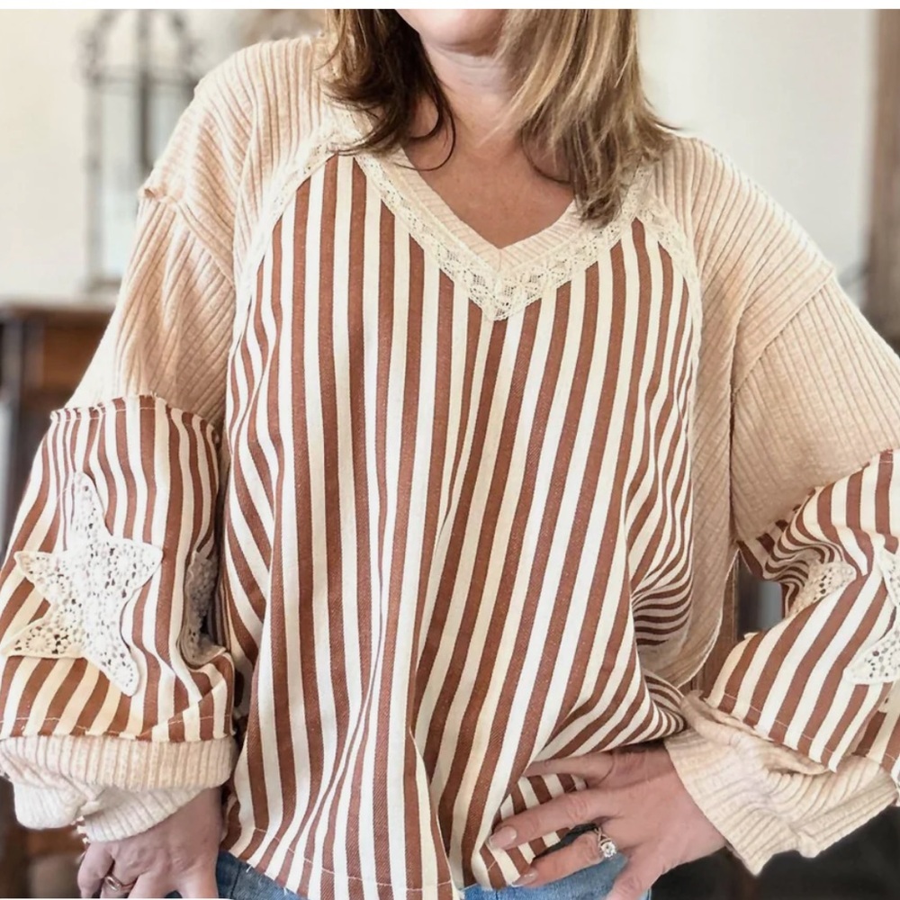 POL Striped V-Neck Top with Lace Accents